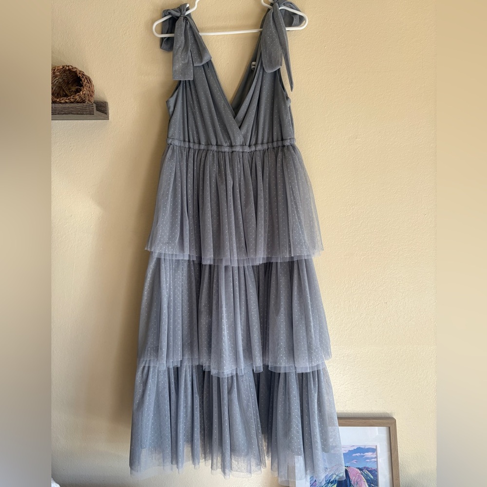 In Loom Gray Blue Tulle Tiered Midi Dress